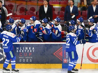 Radosť hráčov Slovenska po góle   na turnaji Hlinka Gretzky Cup 2025.
