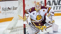 Adam Gajan v bránke UMD Bulldogs. 