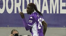 Moise Kean sa raduje po strelení gólu v zápase 26. kola talianskej Serie A ACF Fiorentina - Pisa SC.