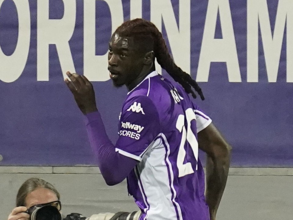 Moise Kean sa raduje po strelení gólu v zápase 26. kola talianskej Serie A ACF Fiorentina - Pisa SC.