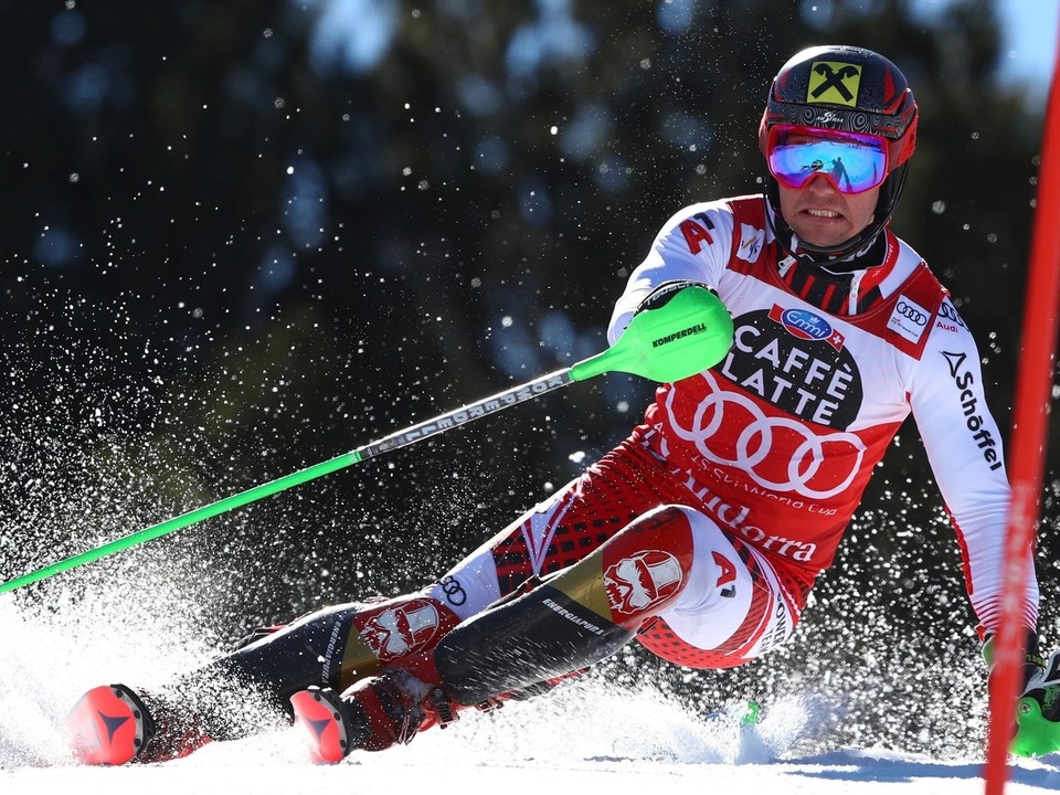 Marcel Hirscher v 1. kole slalomu v andorrskom Soldeu v roku 2019.