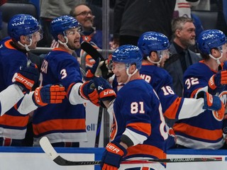Ondrej Palát (81) oslavuje gól so striedačkou New Yorku Islanders.
