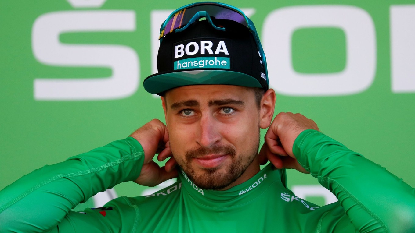 Peter Sagan v zelenom drese pre víťaza bodovacej súťaže na Tour de France 2019.