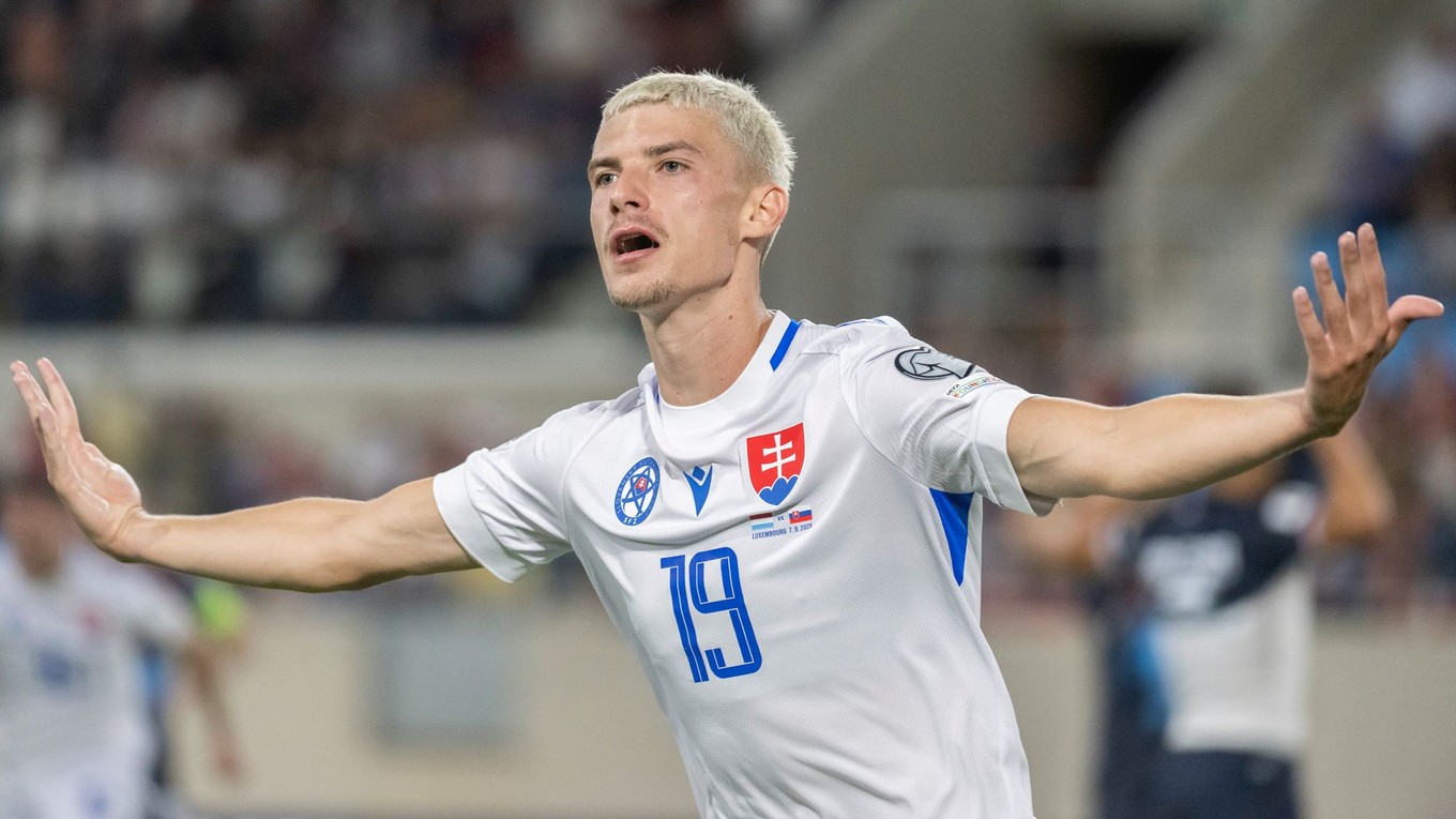 Tomáš Rigo (Slovensko) sa teší z gólu počas zápasu A-skupiny európskej kvalifikácie MS 2026 vo futbale Luxembursko - Slovensko.