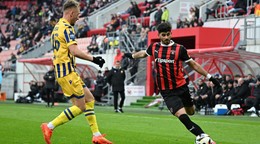 Sprava Roko Jureškin (Trnava) a Matej Trusa (DAC) počas zápasu 20. kola Niké ligy FC Spartak Trnava - FC DAC 1904 Dunajská Streda.