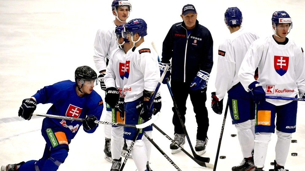 Na snímke tréner slovenskej hokejovej reprezentácie Craig Ramsay s hráčmi na tréningu počas reprezentačného zrazu.