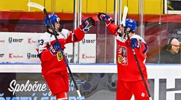 Českí hokejisti sa tešia z gólu.