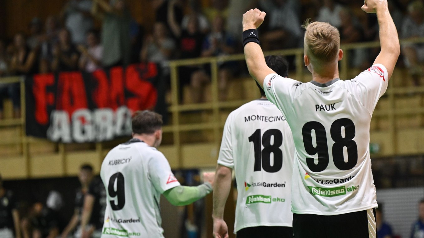 Hráči Topoľčian sa tešia z víťazstva po zápase 1. kola Niké Handball Extraligy ŠKP Bratislava - HK Agro Topoľčany.