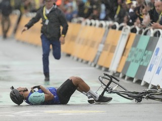 Fanúšik, ktorého spacifikoval policajt v závere 17. etapy Tour de France 2025.