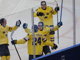 Tom Willander oslavuje gól v zápase Kanada - Švédsko na MS v hokeji hráčov do 20 rokov 2024. 