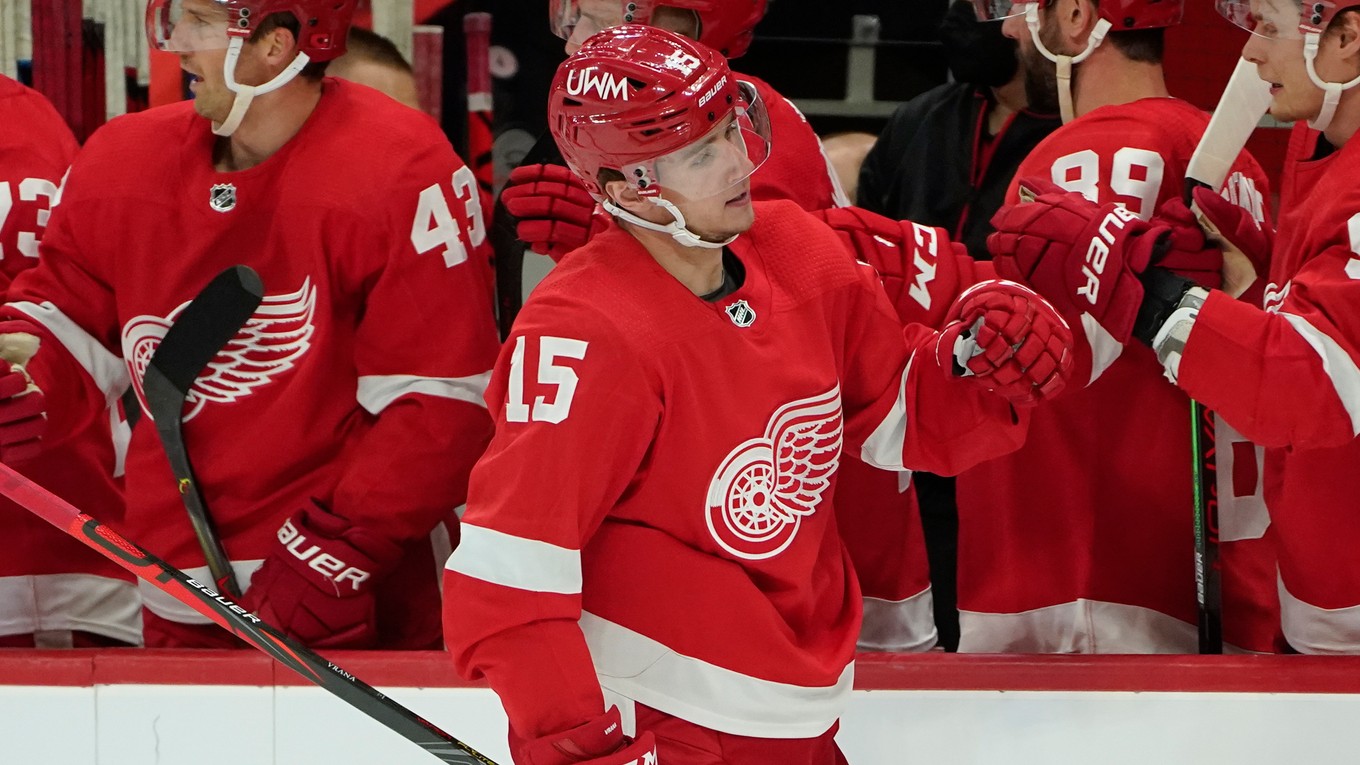 Jakub Vrána sa teší z gólu v drese Detroit Red Wings.