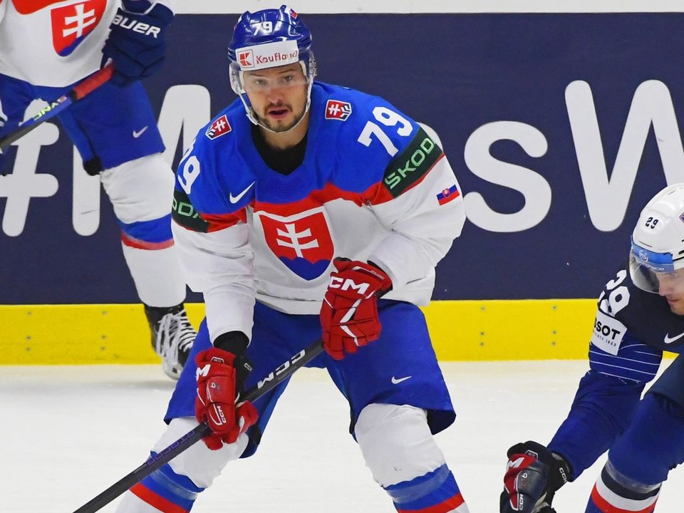Libor Hudáček a Louis Boudon v zápase Slovensko - Francúzsko v skupine B na MS v hokeji 2024.