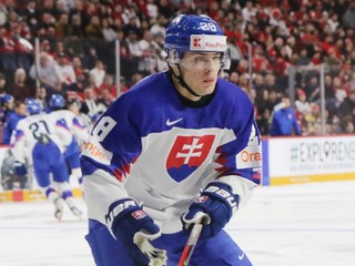 Slovenský hokejista Alex Šotek v zápase proti Kanade na MS do 20 rokov. 