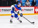 Obranca Samuel Kňažko v stretnutí Slovensko - Francúzsko na MS v hokeji 2025.