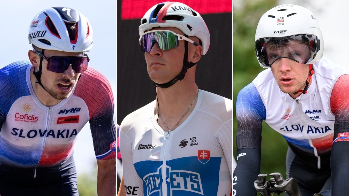 Elitní slovenskí cyklisti, zľava Martin Svrček, Lukáš Kubiš a Matthias Schwarzbacher.