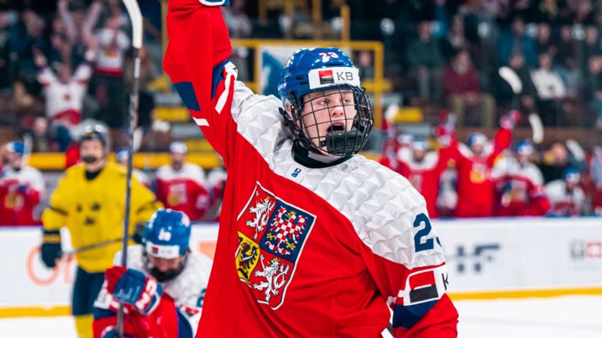 Českí hokejisti oslavujú gól.