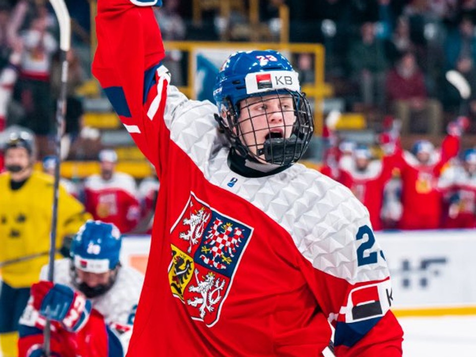 Českí hokejisti oslavujú gól.