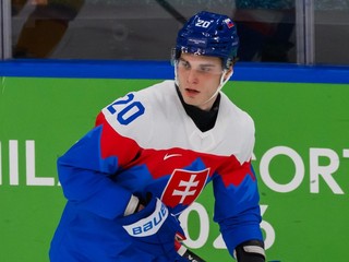 Na snímke Juraj Slafkovský (Slovensko) korčuľuje s pukom vo štvrťfinálovom dueli Nemecko - Slovensko.