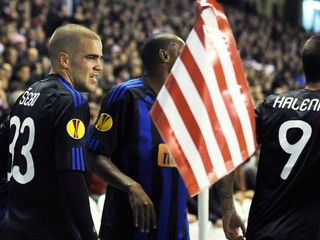 Filip Šebo (Slovan Bratislava) oslavuje gól na štadióne San Mamés.