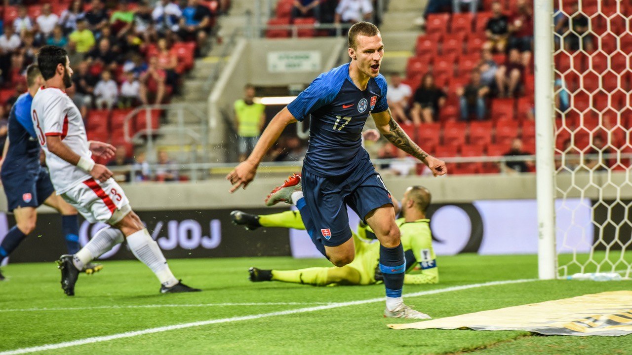 Lukáš Haraslín strelil gól pri reprezentačnej premiére proti Jordánsku (7.6.2019).