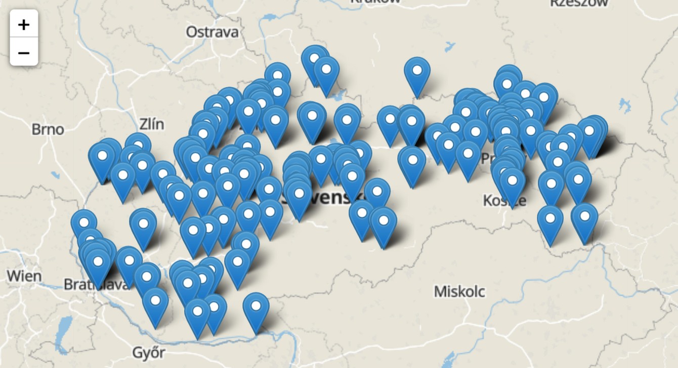 Mapa znázorňuje zapojené školy do projektu „Dajme spolu gól“ v rámci Slovenska.