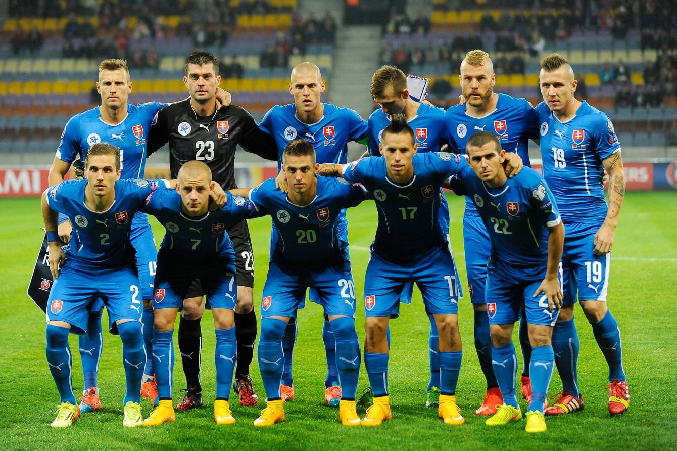 Hráči Slovenska pred kvalifikačným zápasom o postup na ME 2016 Bielorusko - Slovensko 1:3 (Borisov, 12. októbra 2014). 