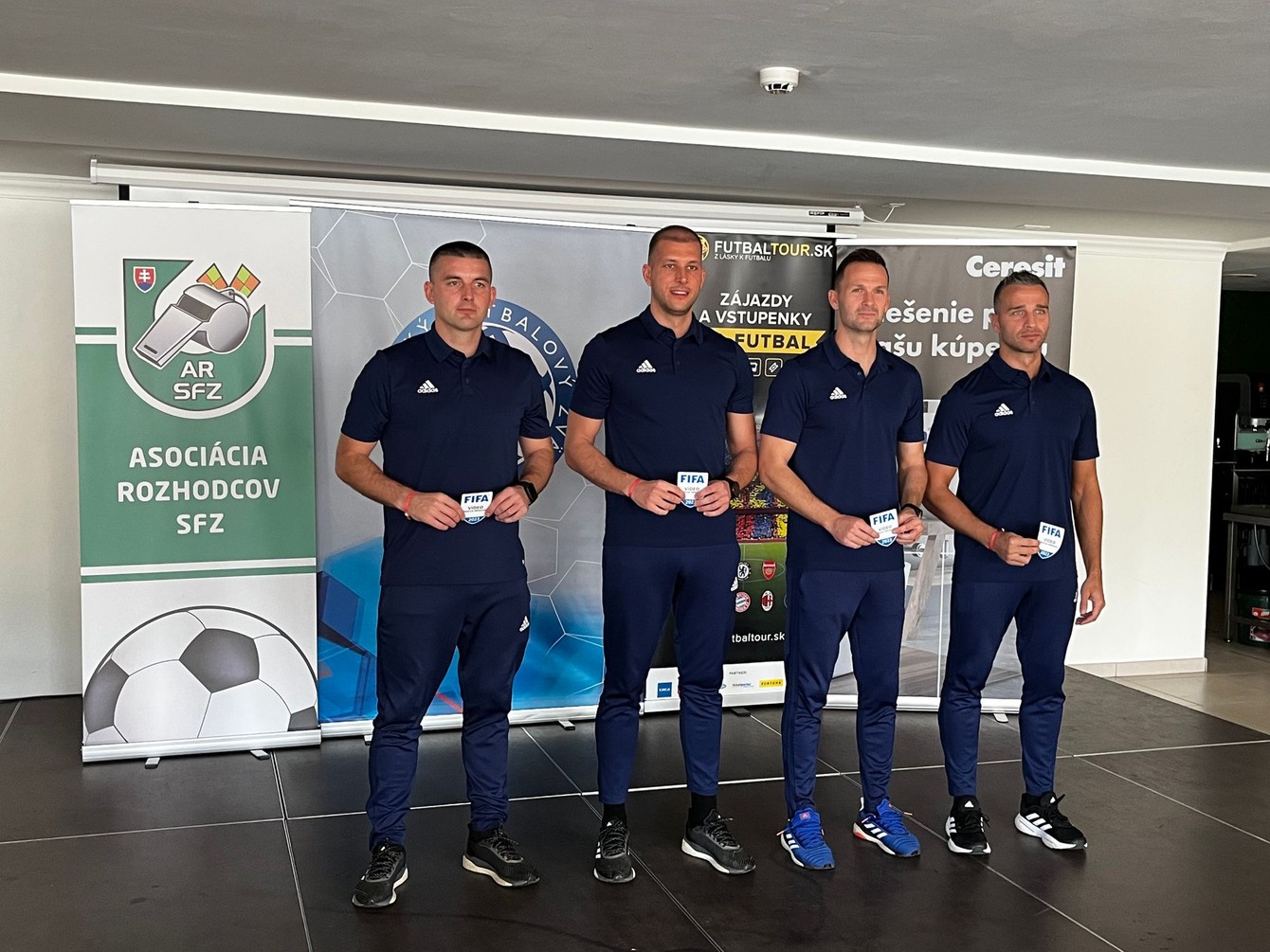 Slovenskí VAR rozhodcovia s odznakom FIFA, zľava Peter Ziemba, Michal Očenáš, Ivan Kružliak a Filip Glova.