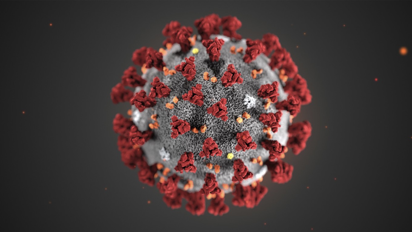 Ilustrácia amerického Centra na kontrolu a prevenciu chorôb zobrazuje čiastočku nového koronavírusu s pracovným označením 2019-nCoV. Novoobjavený vírus sa začal šíriť v čínskom meste Wu-chan ešte koncom roka 2019.