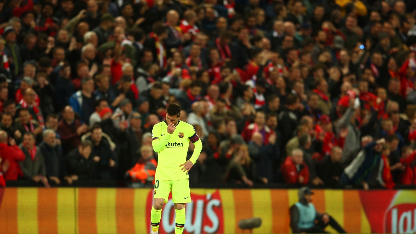 Lionel Messi počas zápasu FC Liverpool - FC Barcelona v semifinále Ligy majstrov.