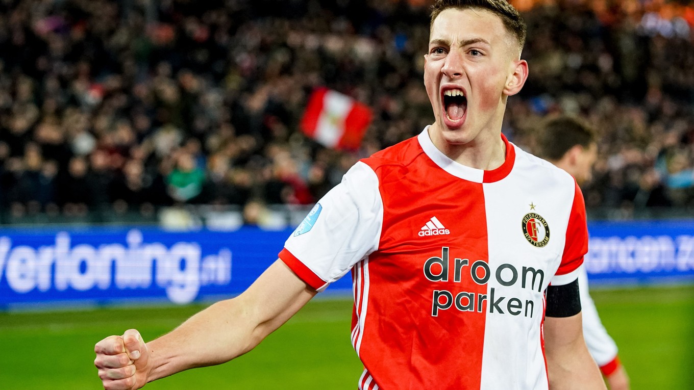 Róbert Boženík sa teší z gólu v drese Feyenoordu Rotterdam.
