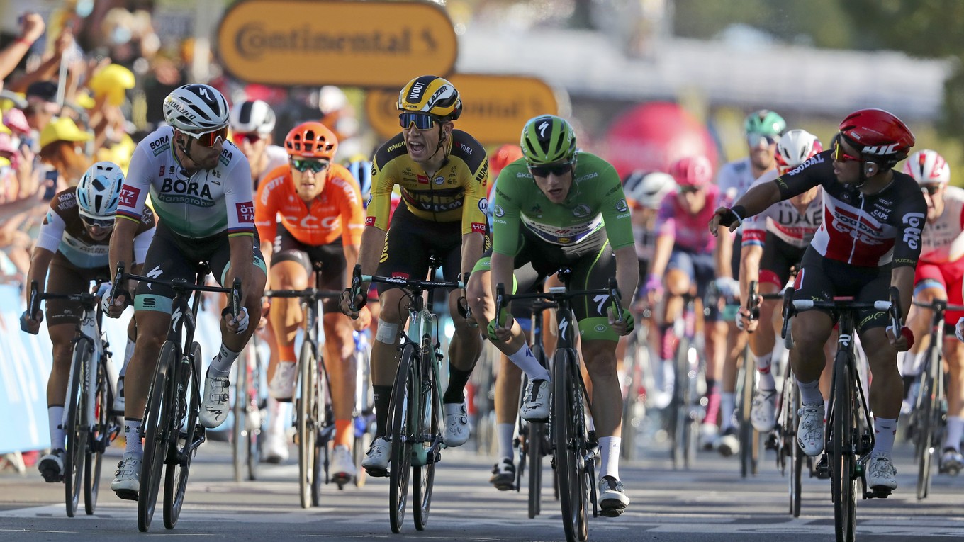 Zľava Peter Sagan, Wout van Aert, Sam Bennett a Caleb Ewan na Tour de France 2020.
