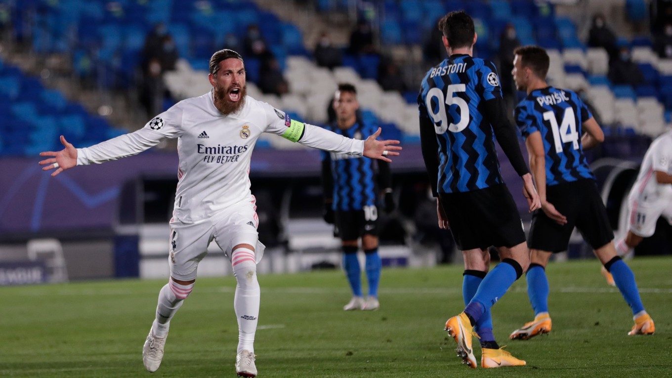 Sergio Ramos oslavuje gól v zápase Real Madrid - Inter Miláno.
