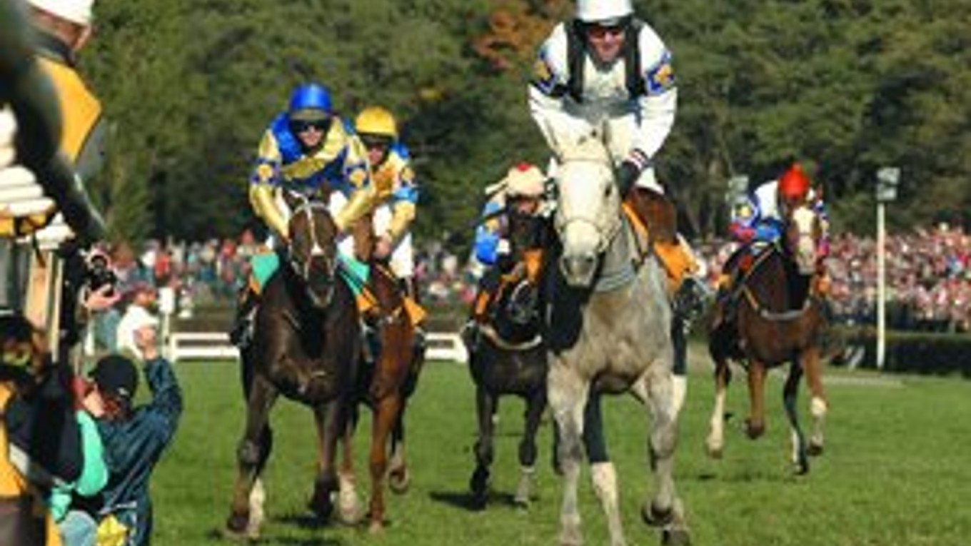 Víťazná kobyla Sixteen v cieli (v popredí) a v pozornosti britskej princeznej Anny (dole).