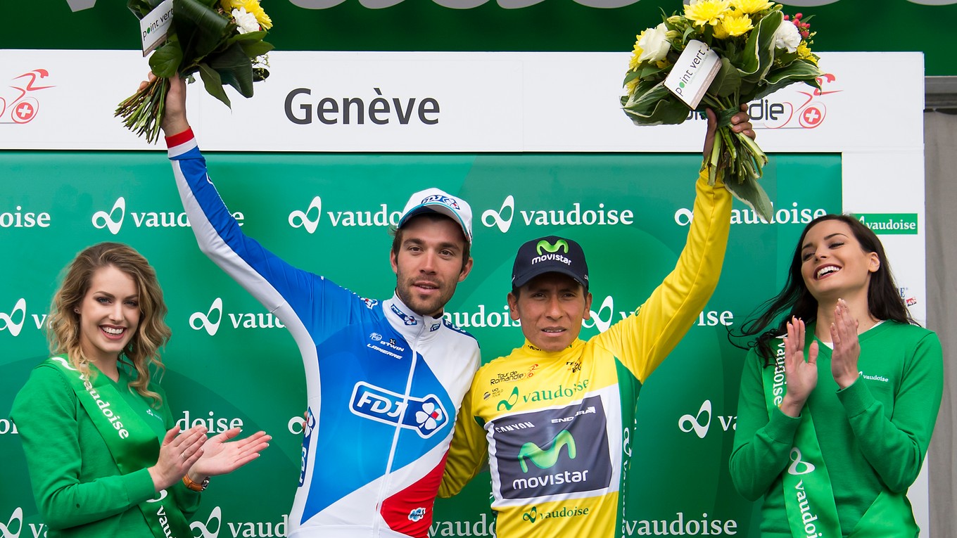 Druhým v poradí bol Francúz Thibaut Pinot (vľavo), ktorý nestačil len na Kolumbijčana Naira Quintanu.