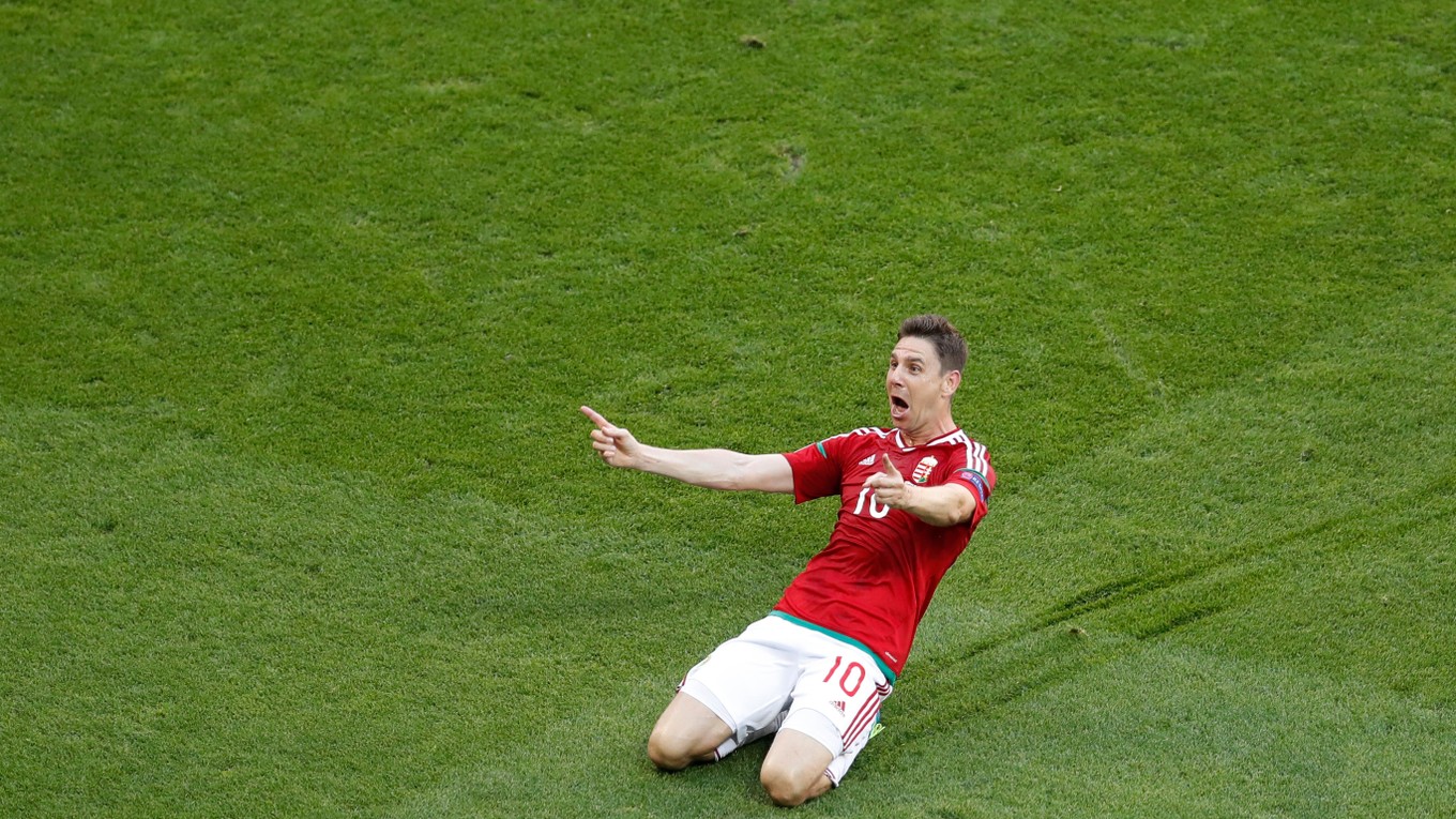 Zoltán Gera oslavuje svoj gól do siete Portugalska.