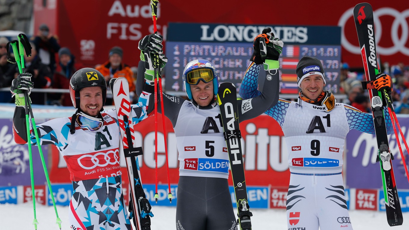 Zľava: Marcel Hirscher, Alexis Pinturault a Felix Neureuther.