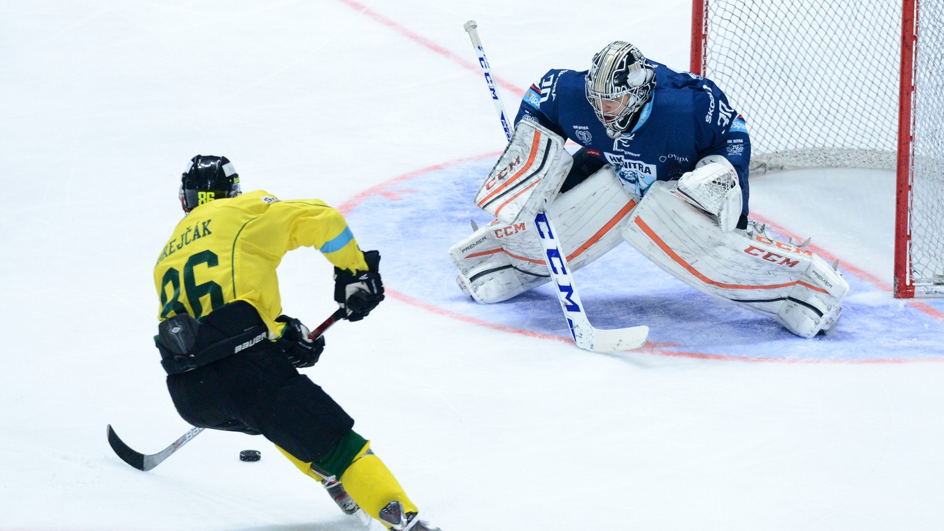 Daniel Brejčák zo Žiliny (vľavo) a brankár Nitry Eric Hartzell v zápase 51. kola hokejovej Tipsport Ligy medzi HK Nitra a MsHK Žilina.