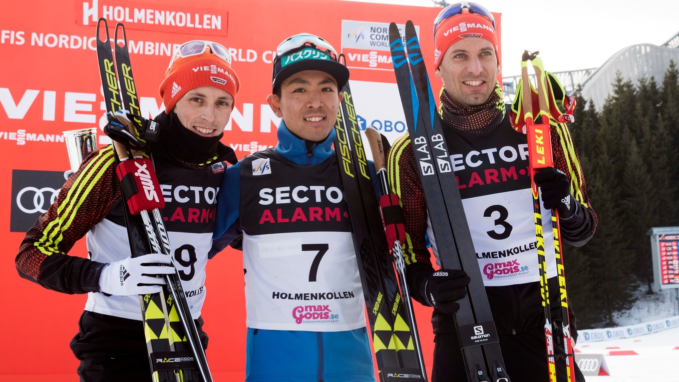 Zľava Eric Frenzel, Akito Watabe a Björn Kircheisen.