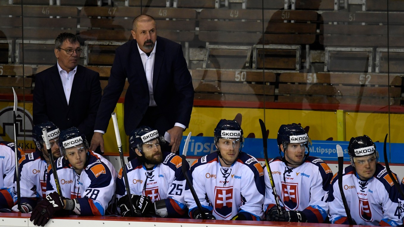 	
Slovenská striedačka s trénerom Zdenom Cígerom (vpravo hore) a asistentom Miroslavom Milošovičom (vľavo) v prípravnom zápase pred MS 2017 v rámci Euro Hockey Challenge Slovensko - Švajčiarsko v Trenčíne 13. apríla 2017.