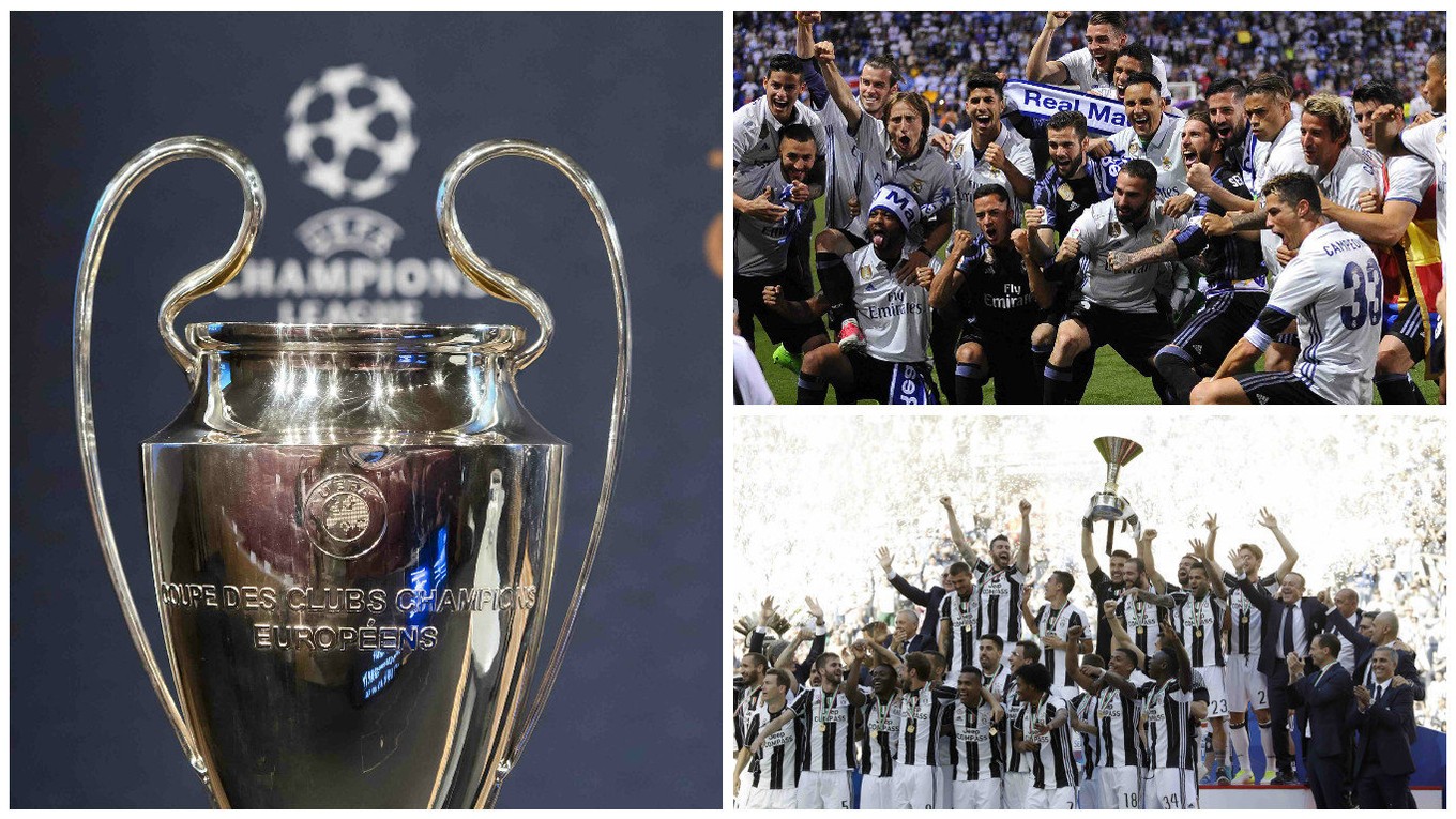 O ušatú trofej Ligy majstrov zabojujú majstri Španielska - Real Madrid (hore napravo) a Talianska - Juventus Turín.