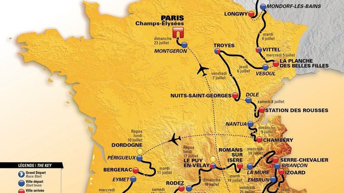 Na snímke oficiálna mapa s trasou cyklistických pretekov Tour de France 2017.