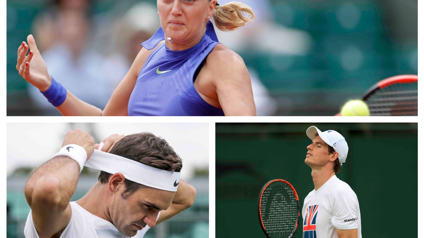 Medzi ženami by mohla krásny príbeh napísať Petra Kvitová, ktorá Wimbledon už dvakrát vyhrala. Mužský Wimbledon obhajuj Andy Murray (dole vpravo), no jeho forma nie je ideálna. Stanoví nový rekord sedemnásobný šampión Roger Federe? 