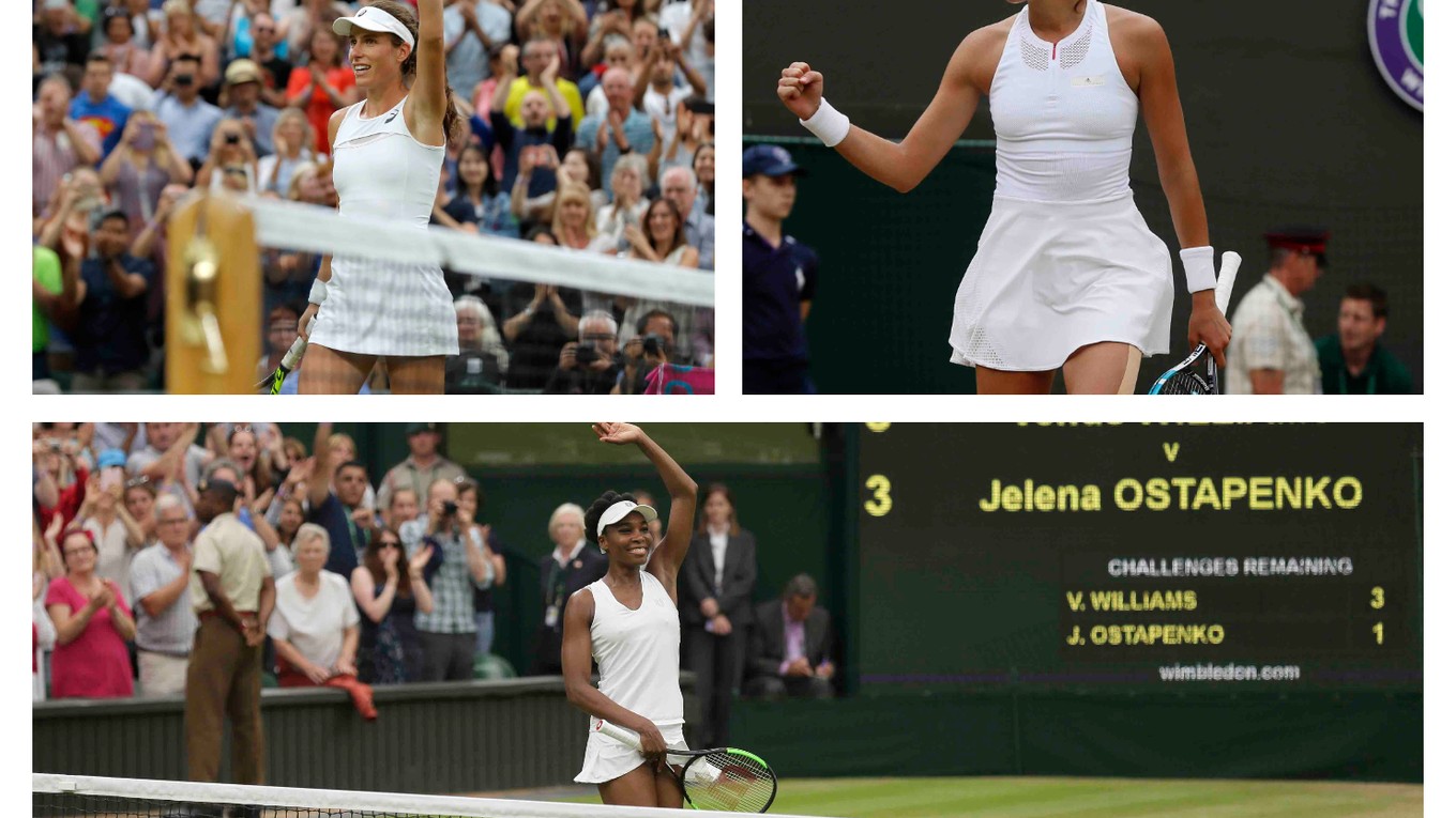Johana Kontová (vľavo hore), Garbine Muguruzová (vpravo hore) a Venus Williamsová postúpili do semifinále Wimbledon 2017.