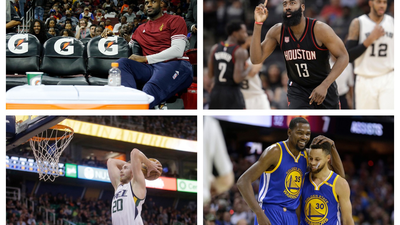 NBA štartuje aj s najväčšími hviezdami. Vľavo hore LeBron James, vedľa neho Josh Harden, vľavo dole posila Bostonu Celtics Gordon Hayward a dole vpravo najväčšie opory Golden State - Kevin Durant (vľavo) a Stephen Curry.