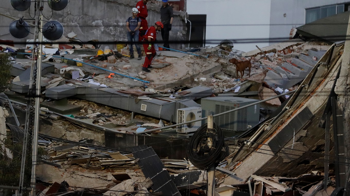 a snímke záchranári so psom prehľadávajú trosky budovy po ničivom zemetrasení v hlavnom meste Mexiko, 19. septembra 2017. 