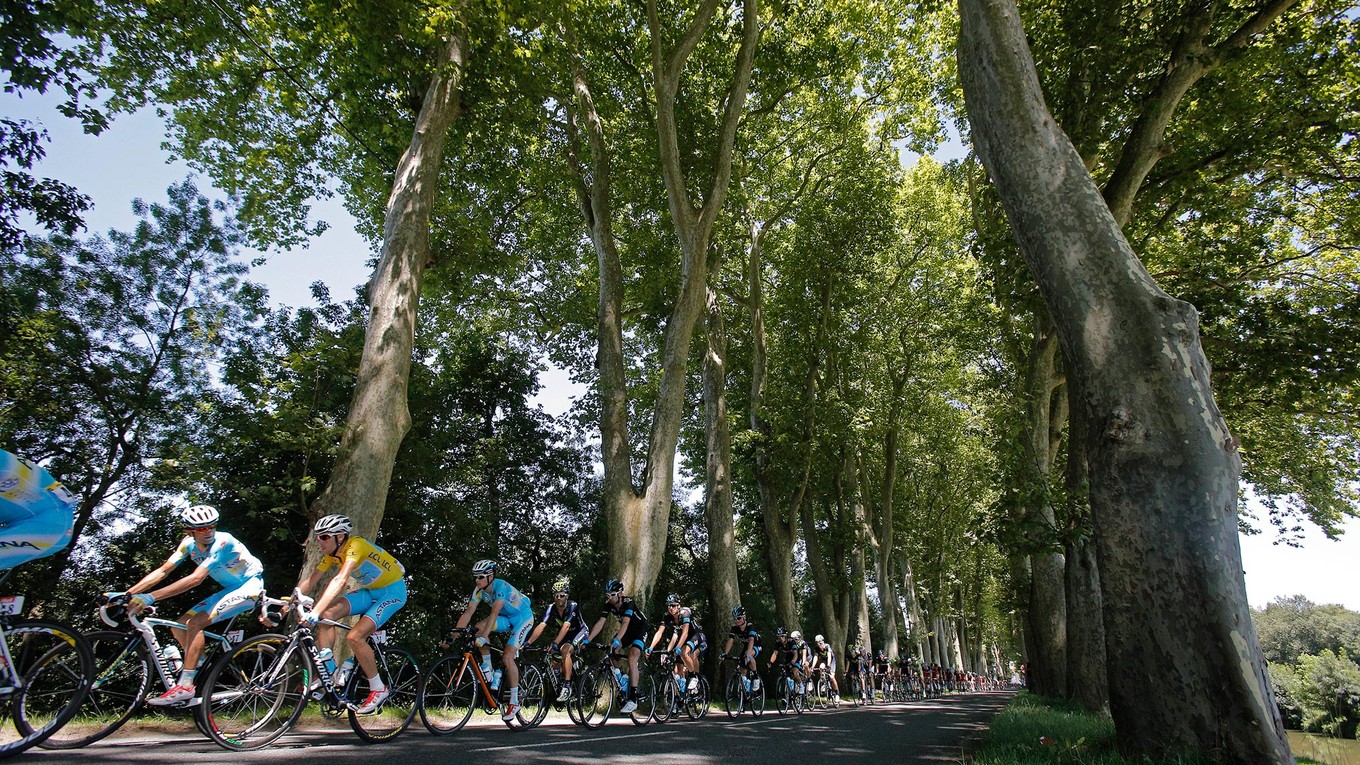 
Pelotón so žltým Talianom Vincenzom Nibalim počas 12. etapy Tour de France z Bourg-en-Bresse do Saint Etienne. (AP Photo/Christophe Ena)
