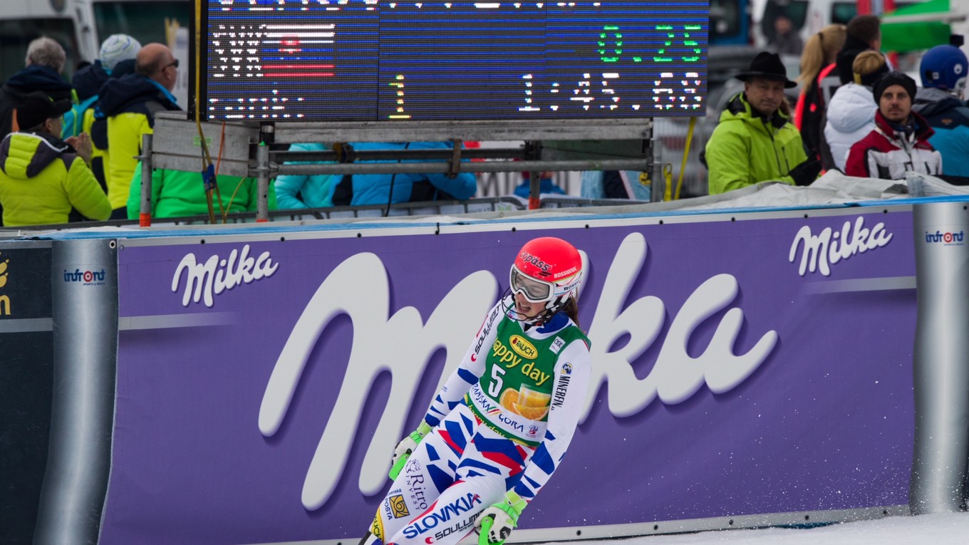 Petra Vlhová po dojazde do cieľa druhého kola slalomu v Kranjskej Gore.