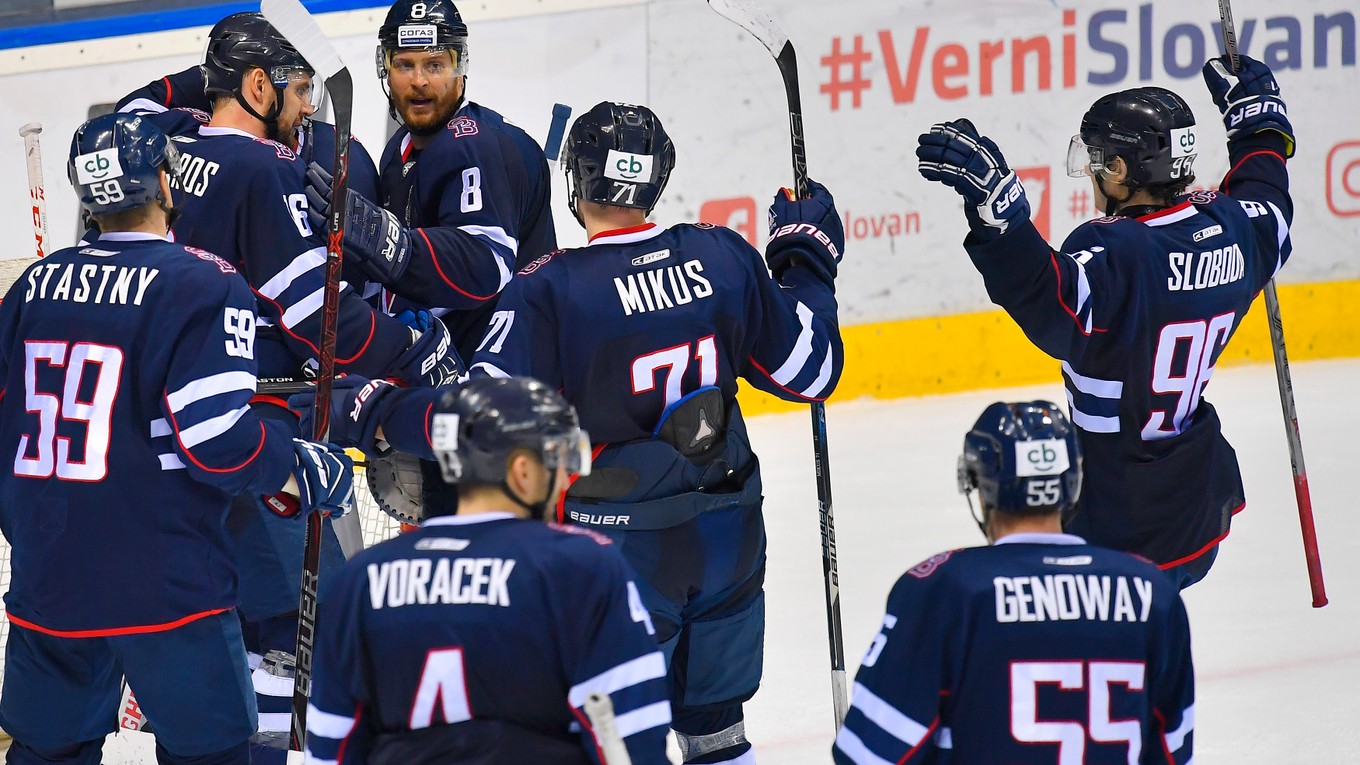 Hokejisti HC Slovan Bratislava sa radujú z víťazstva.