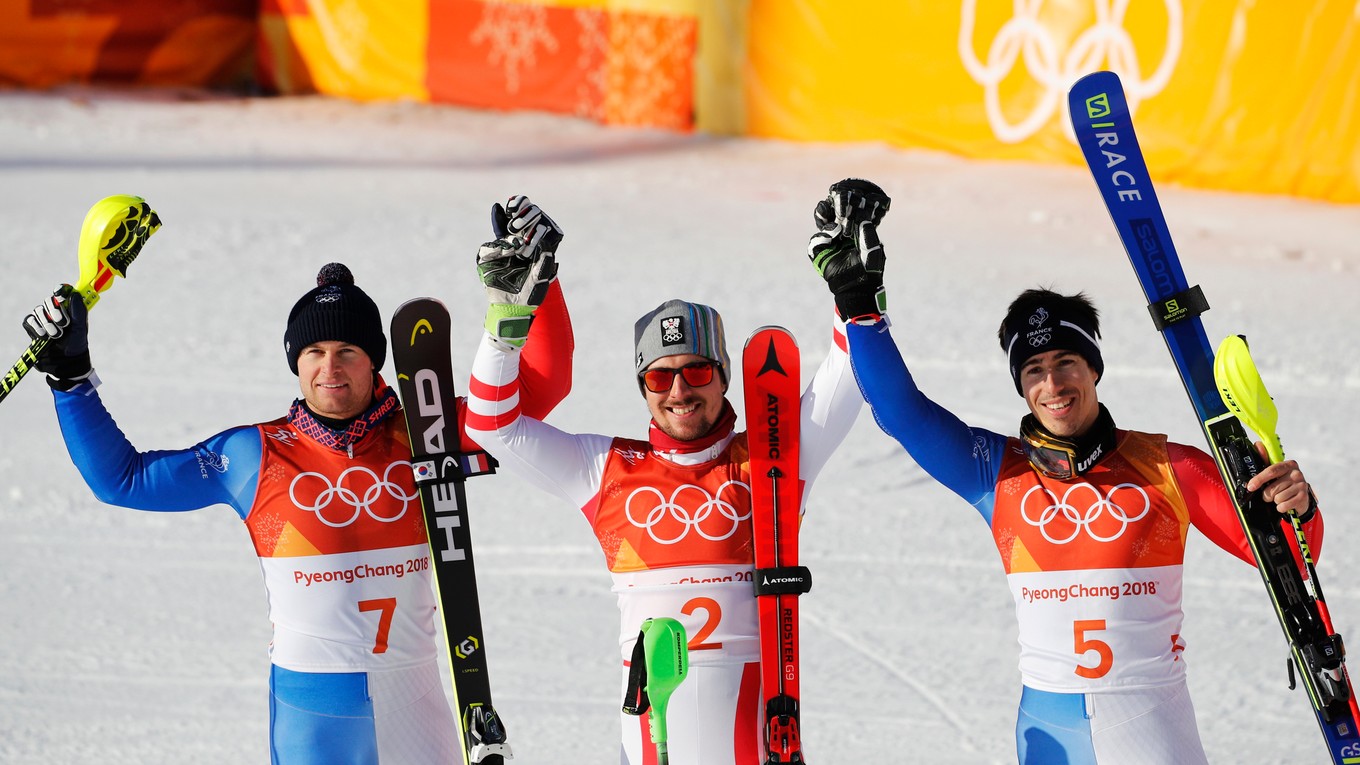 Zľava strieborný Alexis Pinturault, zlatý Marcel Hirscher a bronzový Victor Muffat-Jeandet.