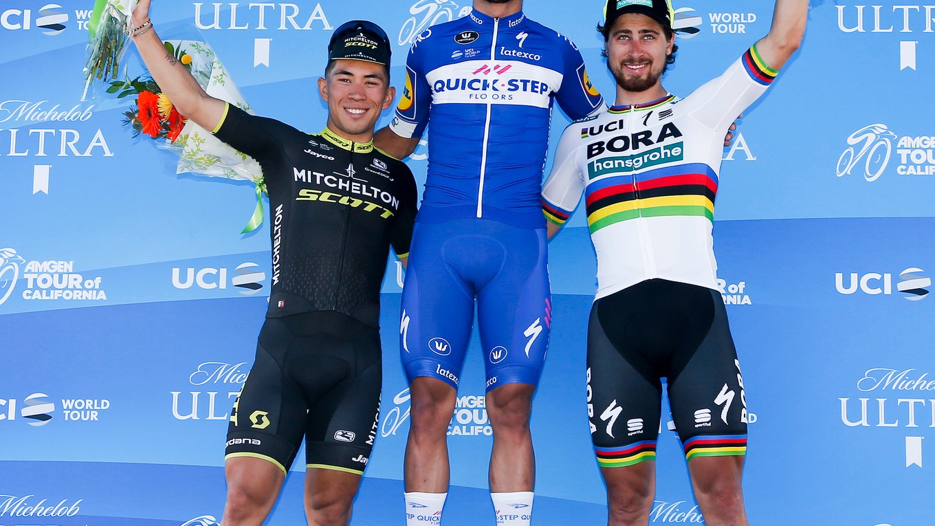 Zľava Caleb Ewan, Fernando Gaviria a Peter Sagan.